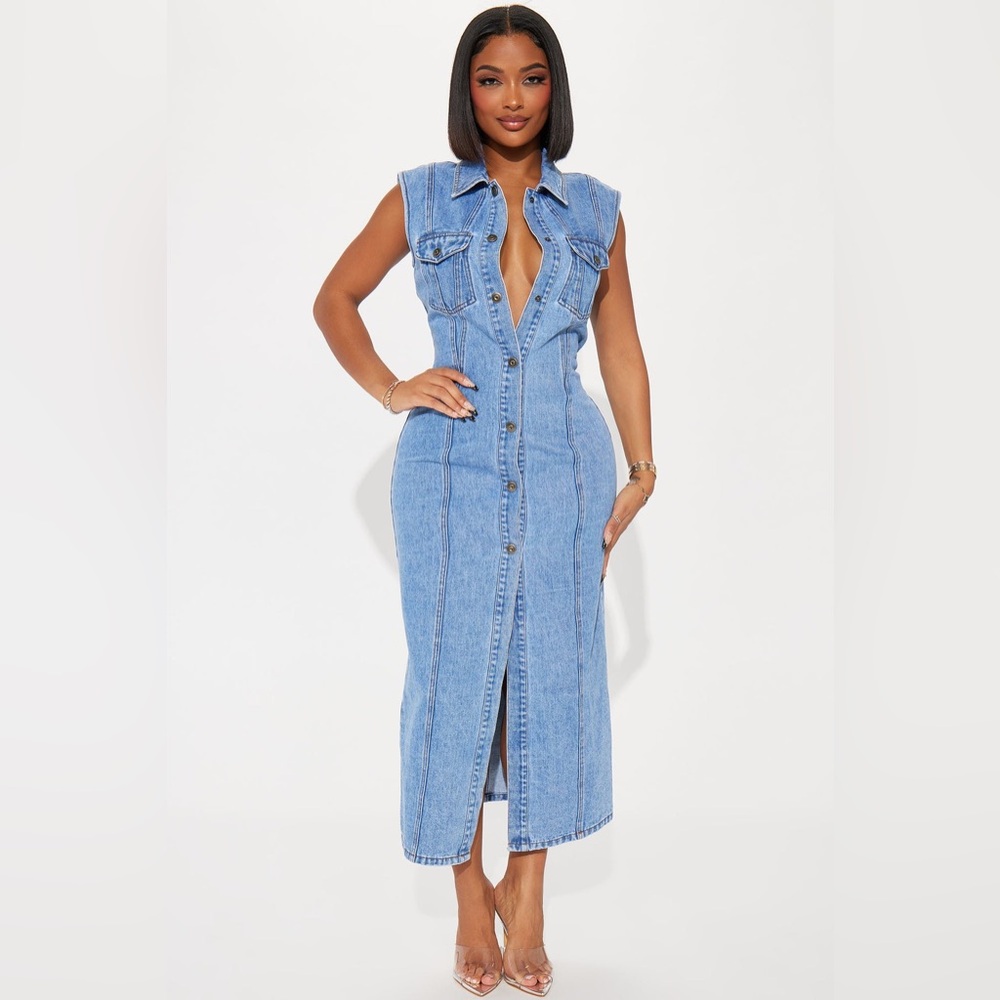Tallahassee Denim Maxi Dress - Medium Wash - Button Down Denim Maxi Dress
